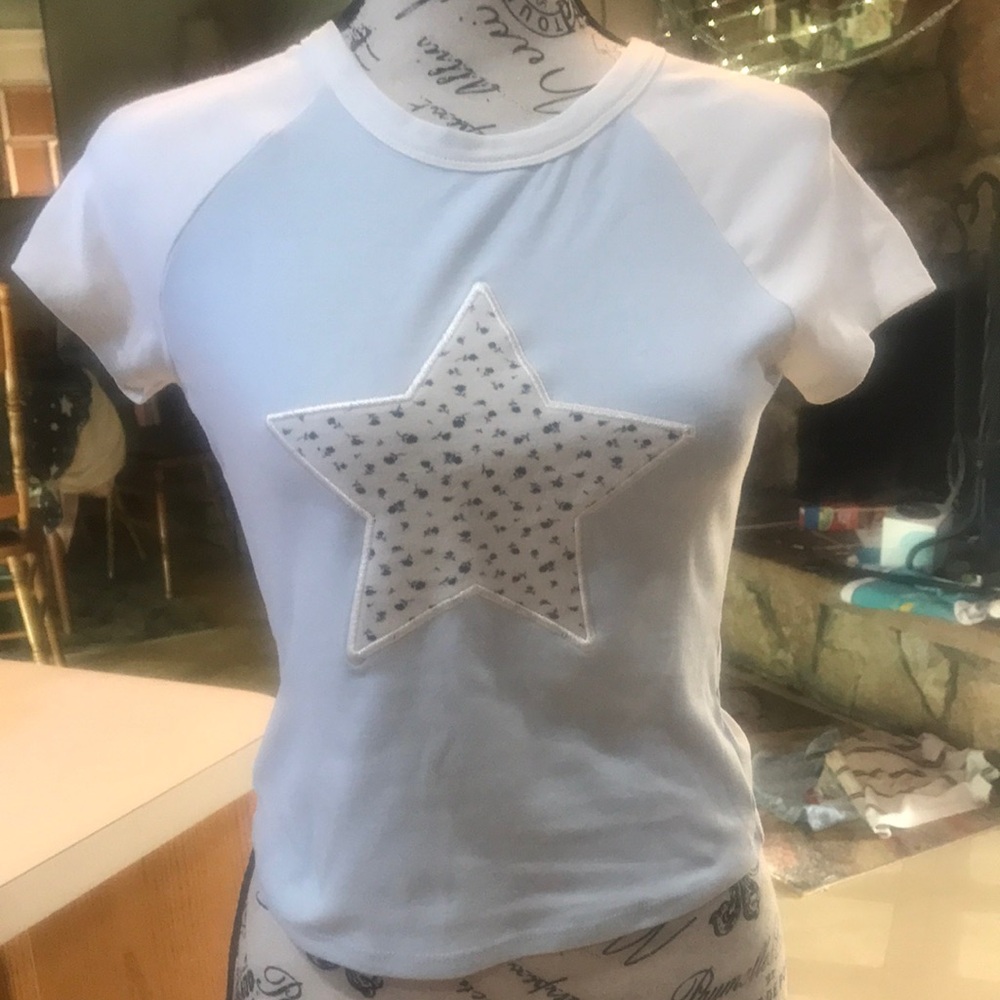 White & Light Blue Star Appliqué Tee